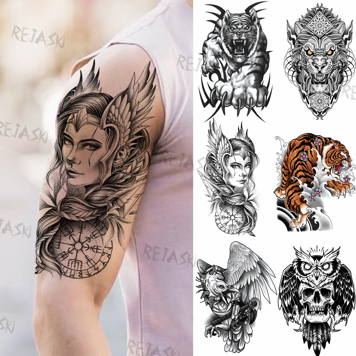

Realistic Warrior Compass Temporary Tattoos For Men Women Fake Tiger Lion Eagle Owl Skull Tatoos Water Transfer Tattoo Stickers