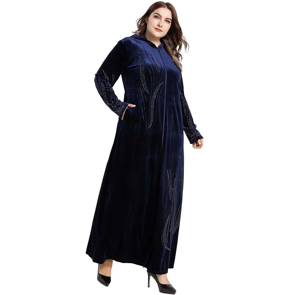 Muslim Dress Sequins Beads Fashion large size women's dignified gold velvet plant pattern zipper hooded pocket Muslim dress 
Muslim Dress Sequins Beads Fashion large size women's dignified gold velvet plant pattern zipper hooded pocket Muslim dress
