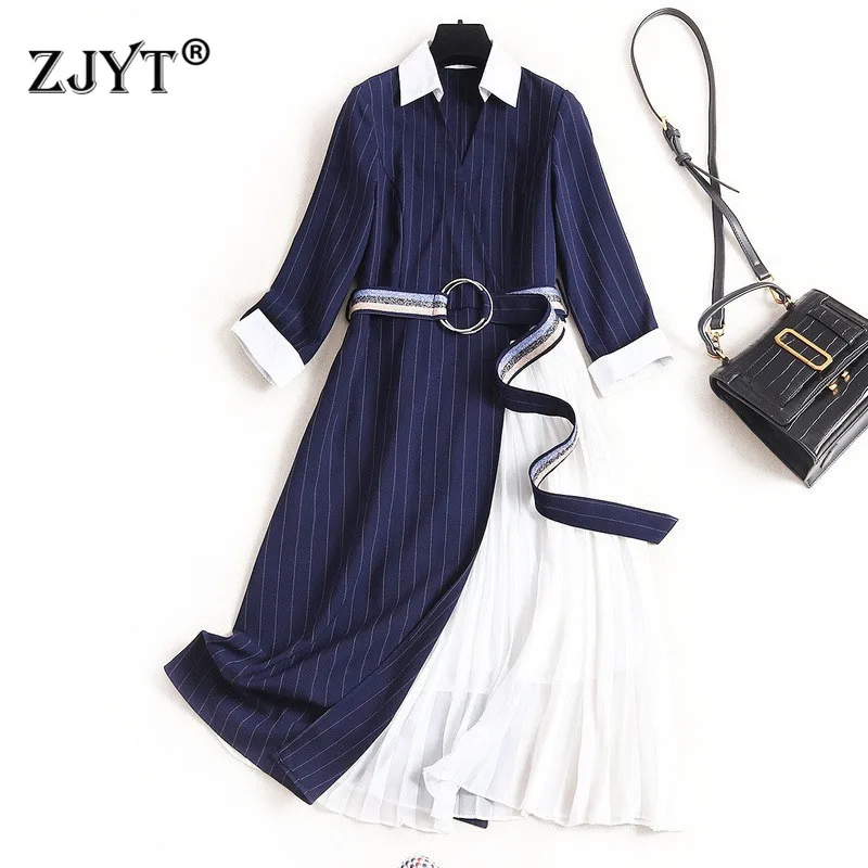 2020 New Designer Spring Women Dress High Quality Fashion Shirt Collar Pleated Chiffon Patchwork Striped Office Lady Dress 
2020 New Designer Spring Women Dress High Quality Fashion Shirt Collar Pleated Chiffon Patchwork Striped Office Lady Dress