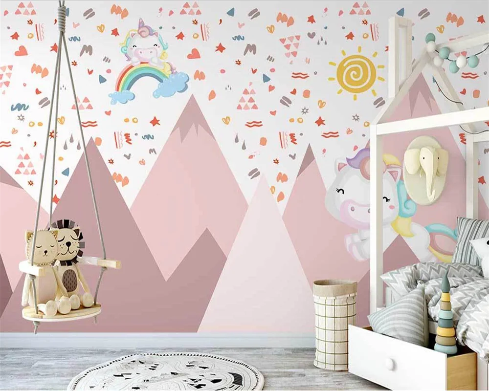 

beibehang Customized modern Nordic pink valley unicorn whole house children's room background wallpaper wall papers home decor