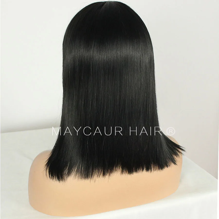 Maycaur Synthetic Wigs With Full Bangs Black Color Heat Resistant Fiber Hair None Lace Medium Size Short Bob Wig For Women (6)