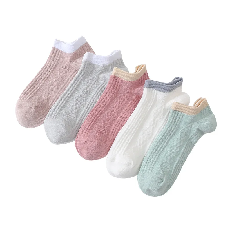 

High Quality 5Pairs/lot New casual wild ladies thin socks Dark vertical cotton solid color female boat socks