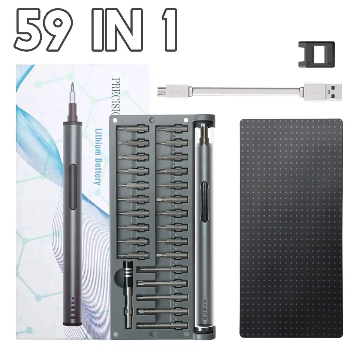59 in 1 Portable Cordless Electric Screwdriver USB 3.7V Lithium-ion LED Screw Driver Magnetic Mat Kit Rechargeable Repair Tool
59 in 1 Portable Cordless Electric Screwdriver USB 3.7V Lithium-ion LED Screw Driver Magnetic Mat Kit Rechargeable Repair Tool