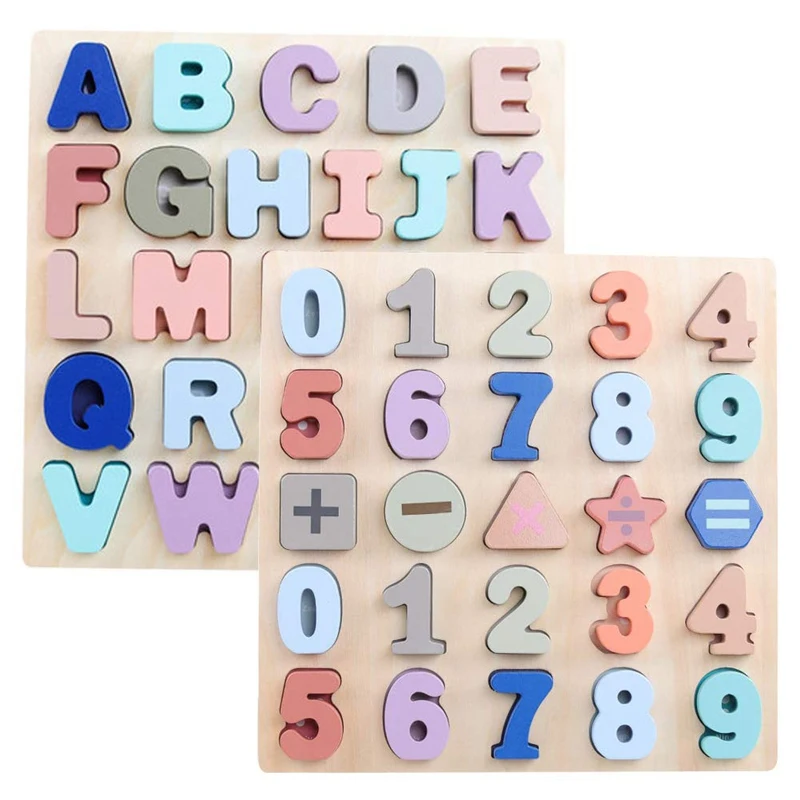 

2 Pcs Wooden Alphabet Chunky Puzzles Set Upper Case Letter and Number Wood Learning Board Educational Toys for Toddlers