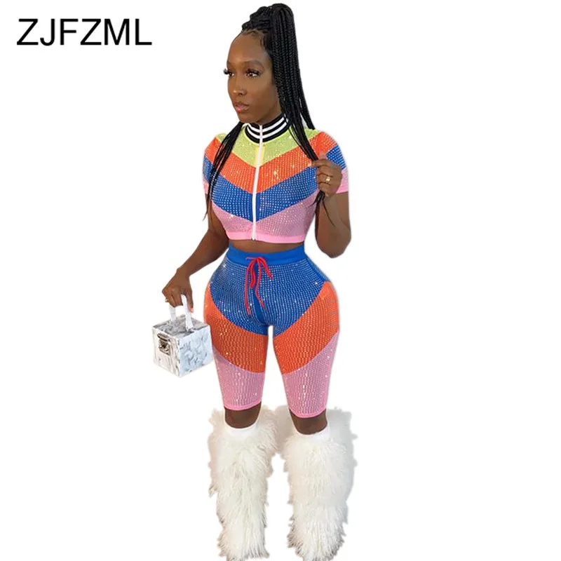 Striped Rhinestones Two Piece Set Tracksuit Women Front Zipper Short Sleeve Crop Top And Drawstring Bodycon Shorts Club Outfits
Striped Rhinestones Two Piece Set Tracksuit Women Front Zipper Short Sleeve Crop Top And Drawstring Bodycon Shorts Club Outfits
