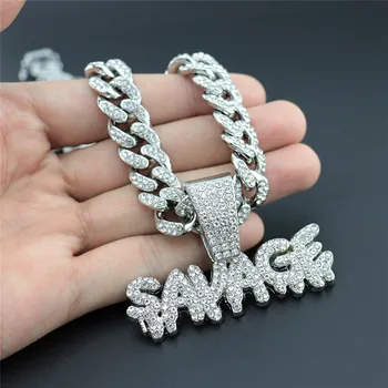 

Punk Savage Letter Necklace & Pendant Shiny Ice Out Necklace With Miami Cuban Link Chain Choker Hip Hop Jewelry For Men