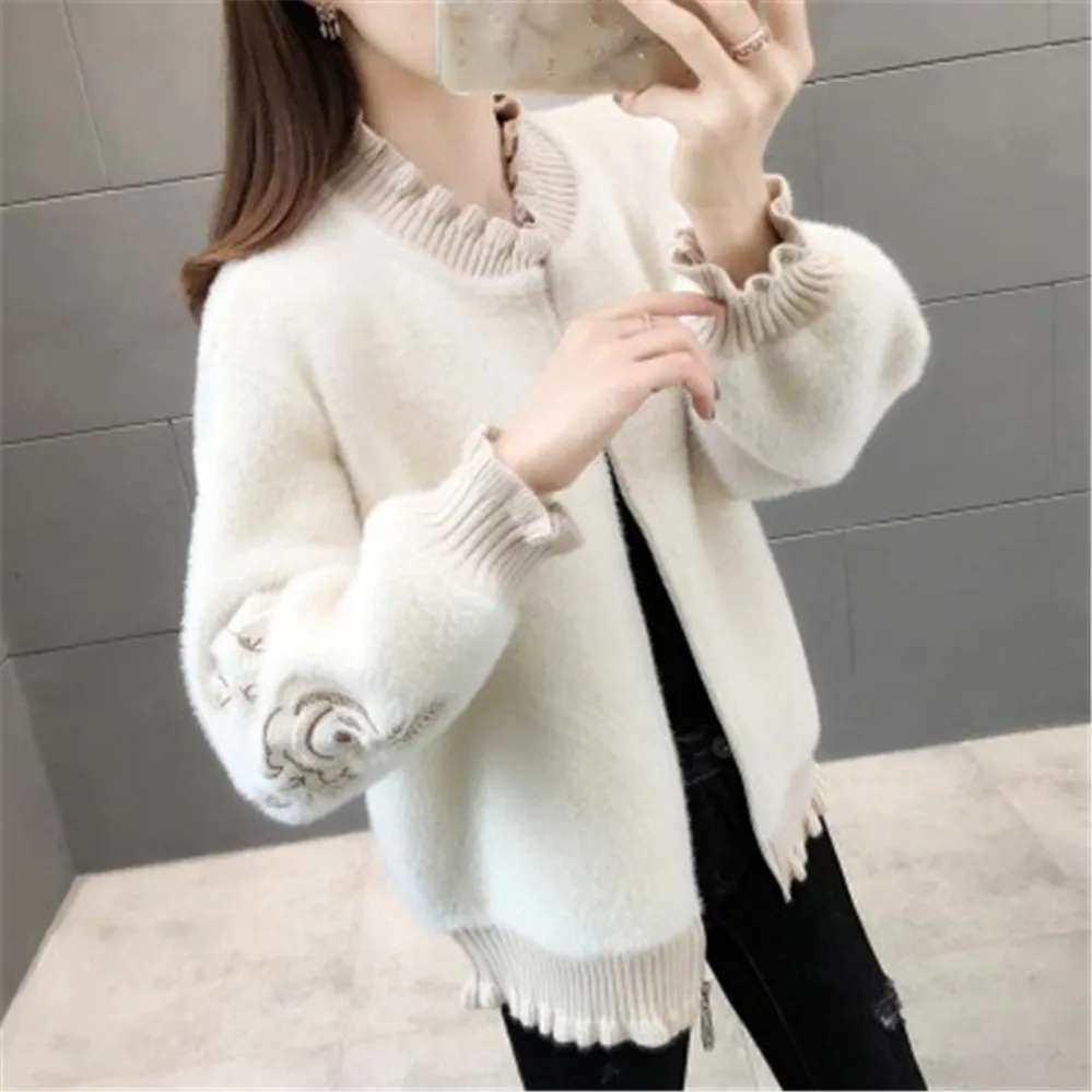 Фото 2020 Korean Faux Mink Cashmere Sweater V Neck Embroidery Long Lantern Sleeve Zipper Cardigans Autumn Winter New Fashion Coats |