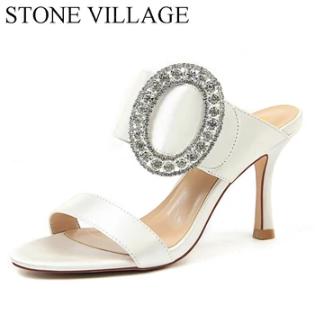 STONE VILLAGE European Style Fashion Sexy Banquet High-Heeled Slippers Metal Big Rhinestone Buckle Satin Word Women Sandals
STONE VILLAGE European Style Fashion Sexy Banquet High-Heeled Slippers Metal Big Rhinestone Buckle Satin Word Women Sandals