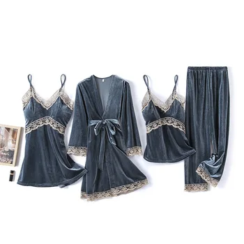 NEW Gold Velvet 2 Pieces and 4 Pieces Warm Winter Pajamas Sets Women Sexy Lace Robe Pajamas Sleepwear Kit Sleeveless Nightwear
NEW Gold Velvet 2 Pieces and 4 Pieces Warm Winter Pajamas Sets Women Sexy Lace Robe Pajamas Sleepwear Kit Sleeveless Nightwear