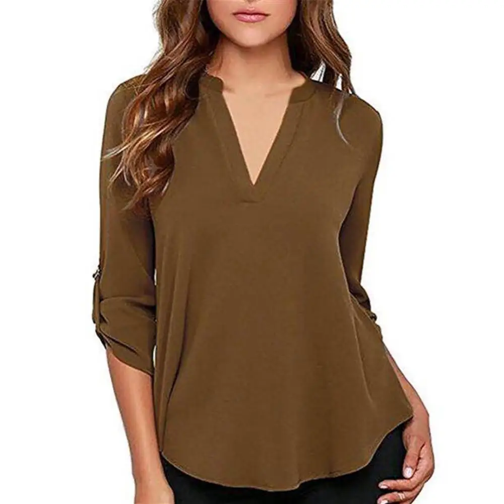 Женская шифоновая блуза с длинным рукавом V образным вырезом|Блузки| |