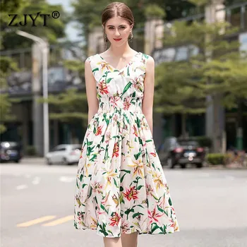 Elegant Summer Fashion Runway Dress Women Sleeveless V Neck Elastic Waist Aline Floral Print Dress Elegant Lady Party Vestidos
Elegant Summer Fashion Runway Dress Women Sleeveless V Neck Elastic Waist Aline Floral Print Dress Elegant Lady Party Vestidos