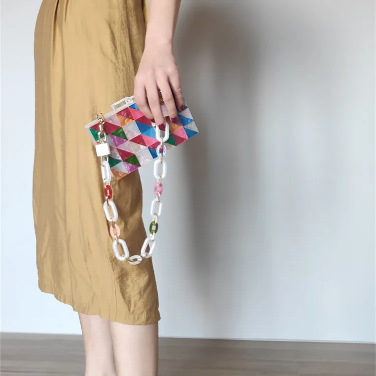 

【Wander Lamar 】New Design Rainbow Color Rriangle Splicing Evening Hand Bags 2021 Fashion Box Clutch Evening Bag