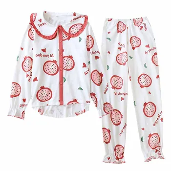 Autumn New Ladies Pyjamas Set Sweet Strawberry Printed Sleepwear Ladies Doll Collar Cardigan+Pans 2Pcs Comfort Loose Homewear 
Autumn New Ladies Pyjamas Set Sweet Strawberry Printed Sleepwear Ladies Doll Collar Cardigan+Pans 2Pcs Comfort Loose Homewear