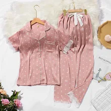 Print Women Pyjamas Lace Sweet Short Sleeve Suit Pajamas Summer Satin Chiffon Soft Touch Sleepwear Women Cotton
Print Women Pyjamas Lace Sweet Short Sleeve Suit Pajamas Summer Satin Chiffon Soft Touch Sleepwear Women Cotton