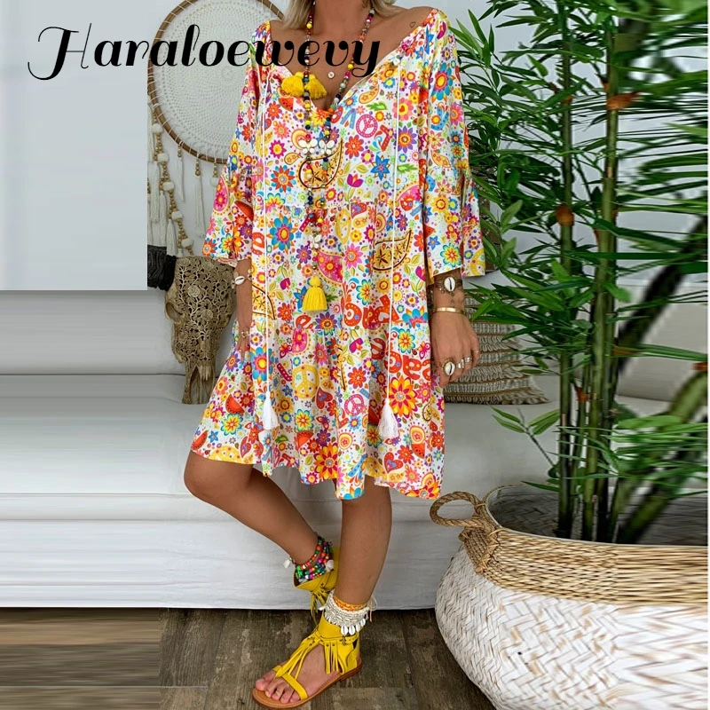 Sleeve Summer Loose Dress 2019 Thin Boho Beach Dresses Women Tunic Casual Tie V Neck Floral Print Midi Dress Plus Size 5XL 
Sleeve Summer Loose Dress 2019 Thin Boho Beach Dresses Women Tunic Casual Tie V Neck Floral Print Midi Dress Plus Size 5XL