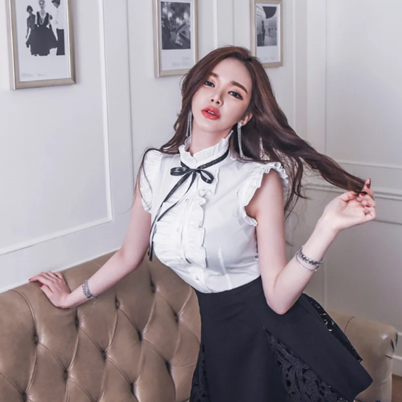 High Quality Women Blouse Ruffled Sleeveless Slim White Shirt Bowtie Collar Elegant Office Lady Blouse Summer Tops Blusa Chemise
High Quality Women Blouse Ruffled Sleeveless Slim White Shirt Bowtie Collar Elegant Office Lady Blouse Summer Tops Blusa Chemise