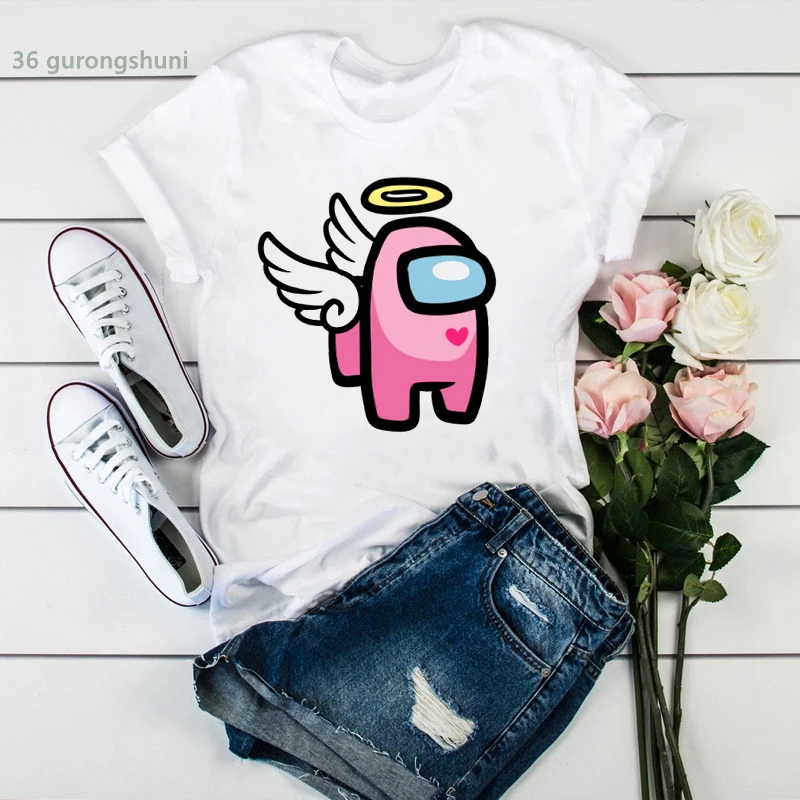 

New summer style t shirt women Funny cartoon Cute Angel Among Us Skin print Tee shirt femme Summer aesthetic Female clothing top