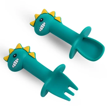 Baby Silicone Spoon Set Short Easy Spoon Cartoon Dinosaur Silicone Teether Anti-Slip Feeding Training Utensils