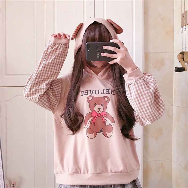 2020 Spring Japan Style Cartoon Bear Print Hoodies Girls Chic Plaid Patchwork with Ears on Hood Sweatshirt Women Hooded Pullover
2020 Spring Japan Style Cartoon Bear Print Hoodies Girls Chic Plaid Patchwork with Ears on Hood Sweatshirt Women Hooded Pullover