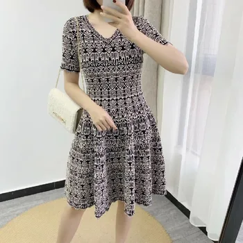 

TVVOVVIN NEW 2020 Summer Fashion Slim Micro-bomb Vintage Knitting Short Sleeve Womens Girl Female Dress Dresses N001