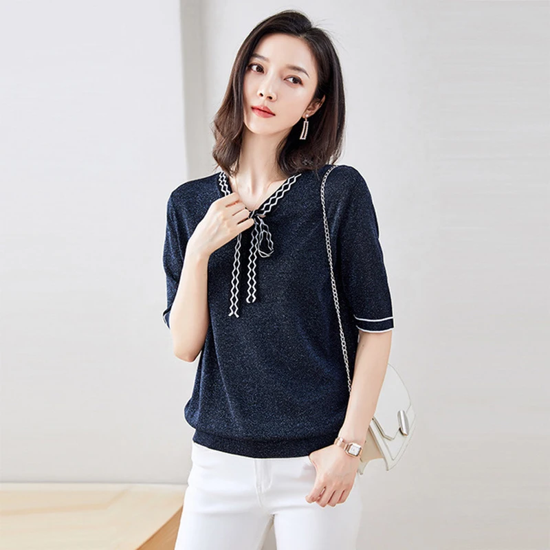 Summer Short Sleeve Tshirt for Women Tops Loose Bow Basic Tops Elegant Knit Tee XZ814
Summer Short Sleeve Tshirt for Women Tops Loose Bow Basic Tops Elegant Knit Tee XZ814