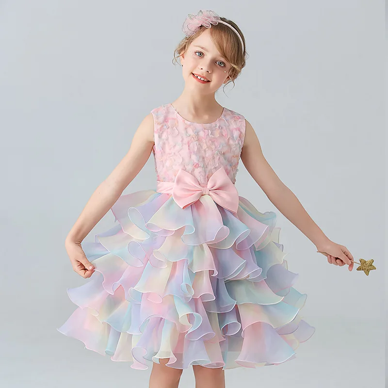 

Сетчатые платья для маленьких девочек; Милое летнее многослойное платье принцессы из тюля с цветочной аппликацией для девочек; Детская кружевная одежда