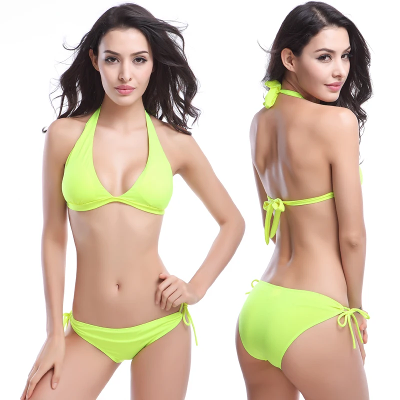 

Hot Wholesale Victoria Style Swimming Suits Removable Padding Beachwear Plunge Halter Bandage Strappy Bikini Set Dropshipping