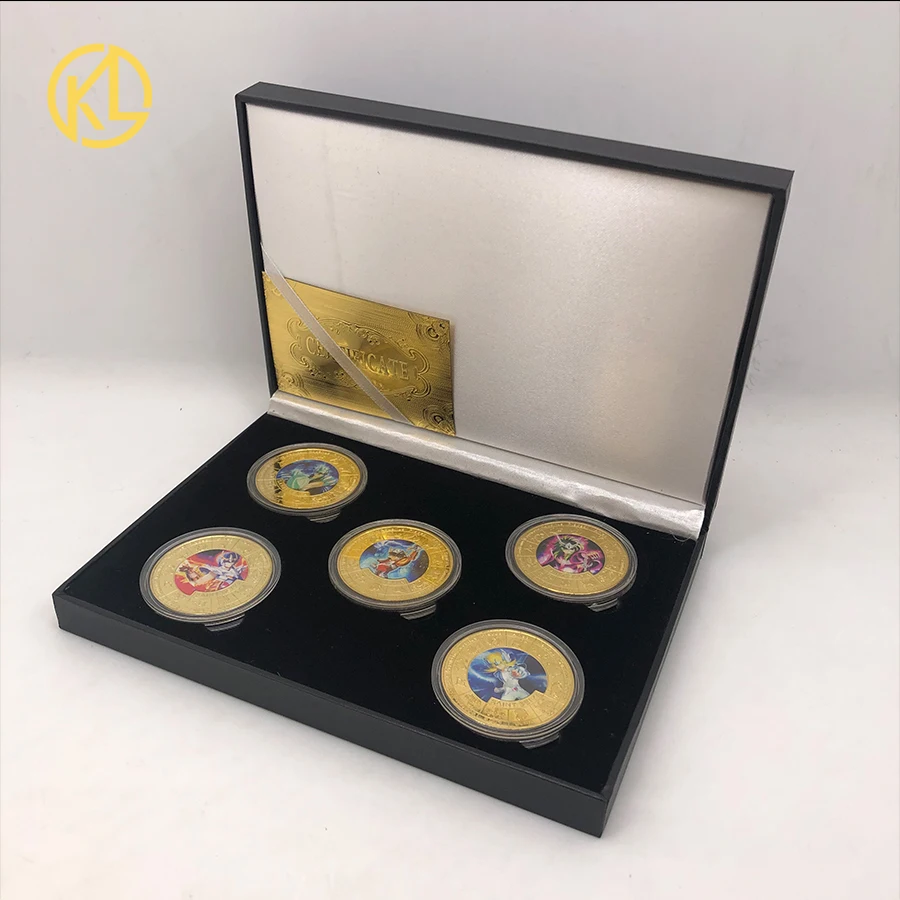 

5pcs/lot Saint--Seiya Gold Saints Gold Plated Coins Collectibles with Nice Box Japanese Challenge Anime Coins Gift Set