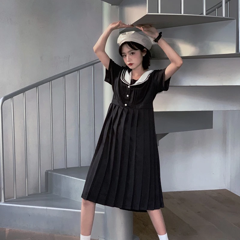 

Preppy Style Elegant Pleated Vintage Woman Black Dresses Japanese Harajuku College Summer Dress Sweet Sailor Collar Cute Dresses