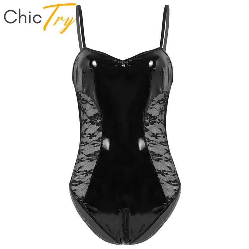 

Women Wetlook Patent Leather Adjustable Spaghetti Straps Club Party Pole Dance Sexy Bodysuit Double Zipper Crotch Thong Leotard