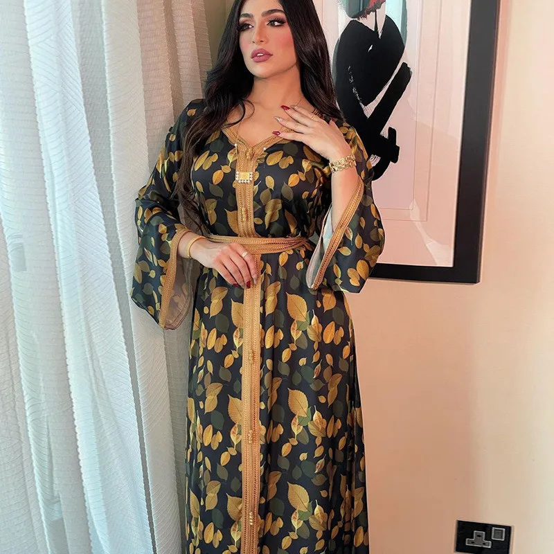 

Muslim Women Arabic Abaya Kaftan Dubai Islamic Jalabiya Printed Long Dress Ramadan Eid Middle East V-neck Maxi Robe Gown Turkish