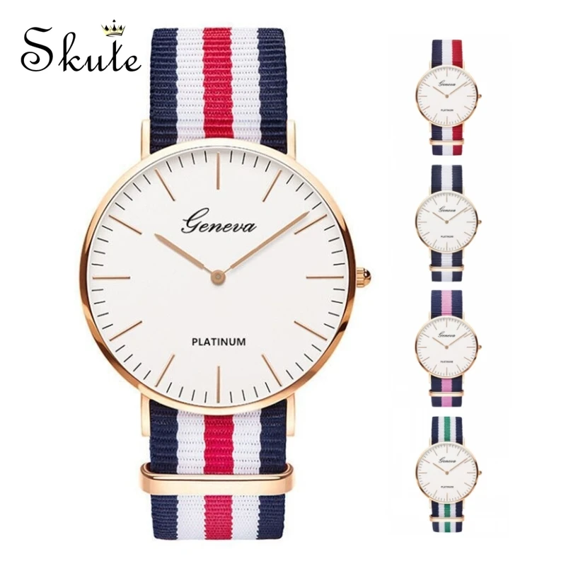 

Skute Fashion Women Quartz Watch Men Geneva Classic Stripe Nylon Band Canvas Strap Watch Casual Wrist Watches Clock Reloj Montre