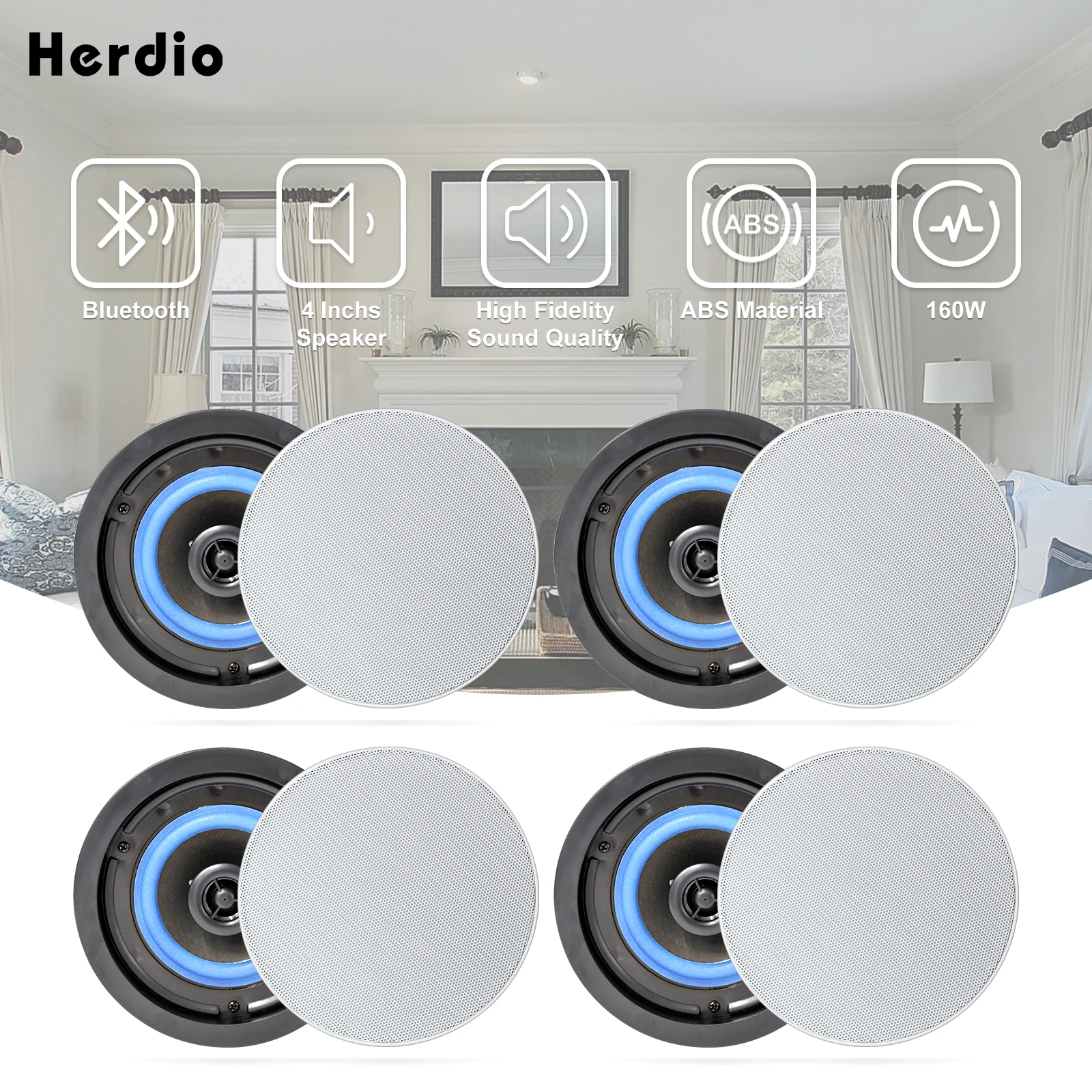 

2 Pairs Herdio 4 Inches 320 Watts 2 Way Flush Mount Bluetooth Ceiling Speakers Perfect For Bathroom Kitchen Living Room Office