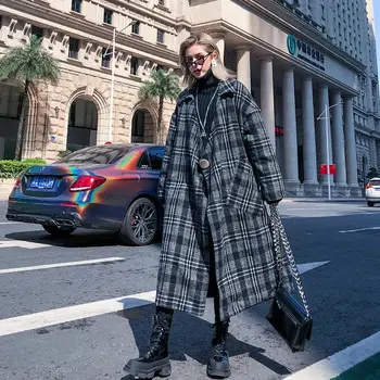 Plus size plaid woolen coat ladies autumn and winter long thick coat pockets button wide loose cardigan fashion outwear 
Plus size plaid woolen coat ladies autumn and winter long thick coat pockets button wide loose cardigan fashion outwear