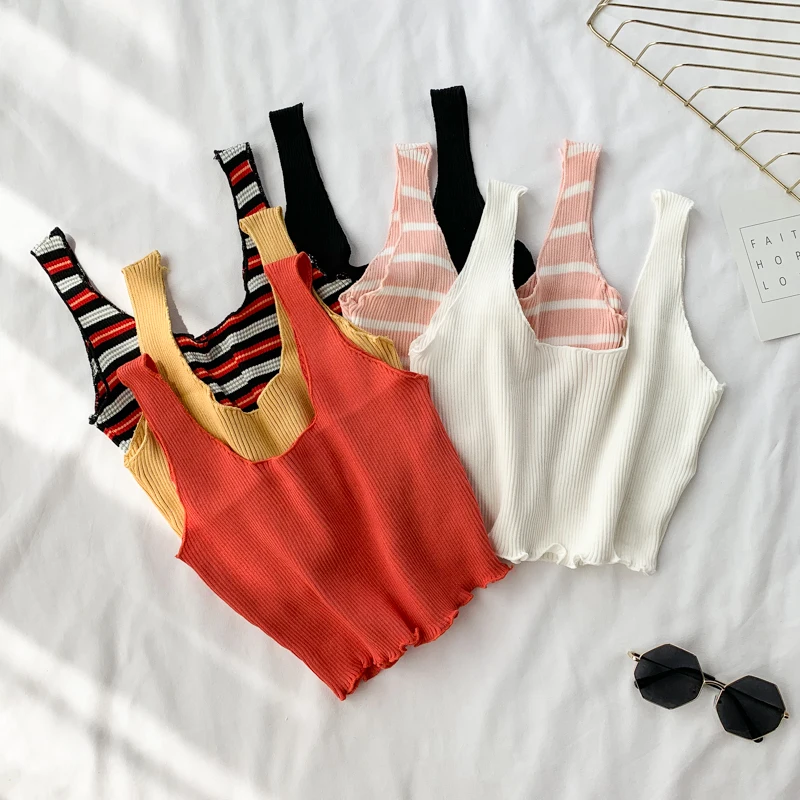 

OUMEA Knitting Rib Tank Top Summer Rib Striped Crop Top Lettuce Edge Sexy Cropped Tank Top Solid Color Short Tops Sleeveless