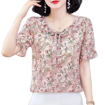 Blusas Casuais de Verão: Uma Toque de Elegância e Conforto 10 Women Spring Summer Style Chiffon Blouses Shirts Lady Casual Short Flare Sleeve Bow Tie Collar Chiffon Blusas Tops DF4116