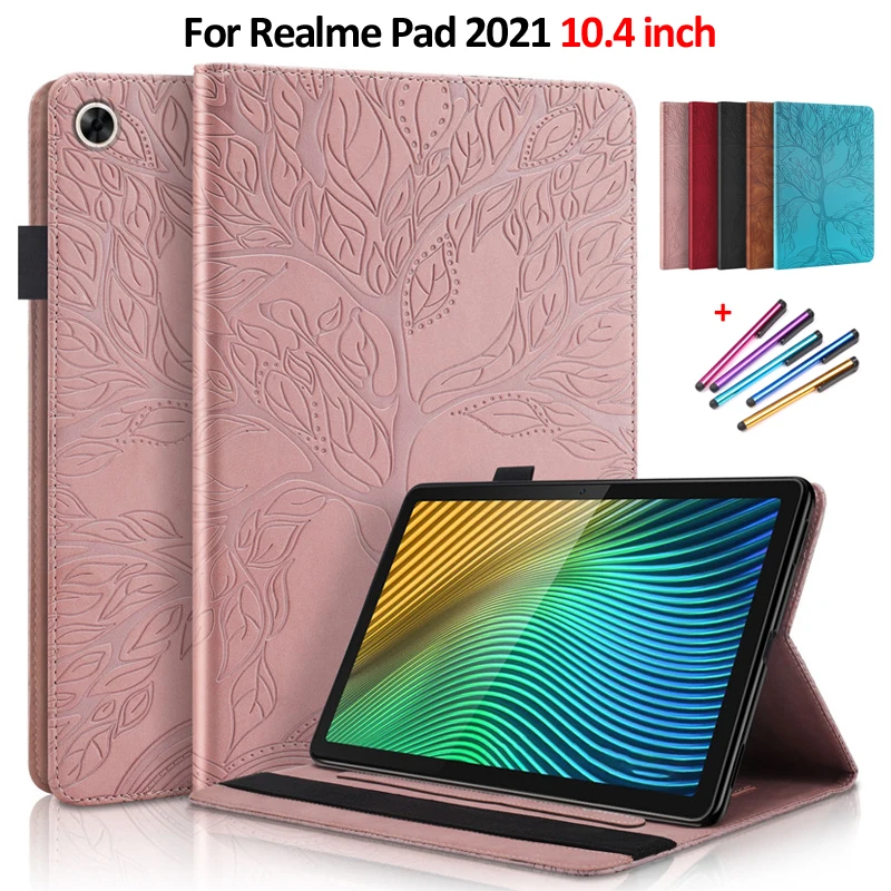 

Emboss Tree Leather Flip Case for Funda Realme Pad 2021 Cover 10.4" Wallet Tablet Case for Realme Pad Cover Coque + Gift Pen