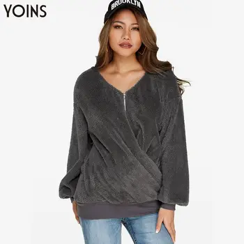 

2020 YOINS Women Hoodies Autumn Winter Zip V-neck Long Sleeves Woolen Sweatshirt Casual Oversize Tops Blusas Streetwear Pullover