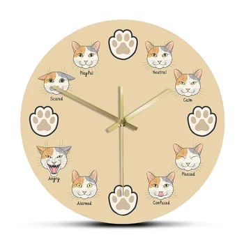 

Cartoon Cat Expression Moods Decorative Wall Clock Kitten Paws Kitty Face Feelings Cat Lovers Wall Clock Silent Swept Wall Watch