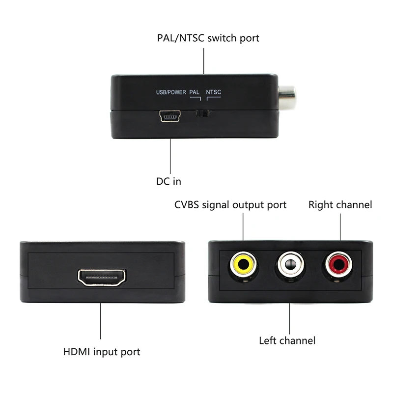 HDMI to 3RCA CVBS Composite Converter HDMI2AV Adapter Support NTSC PAL Output HDMI AV Adapter TV Projector Laptop Black Mini box