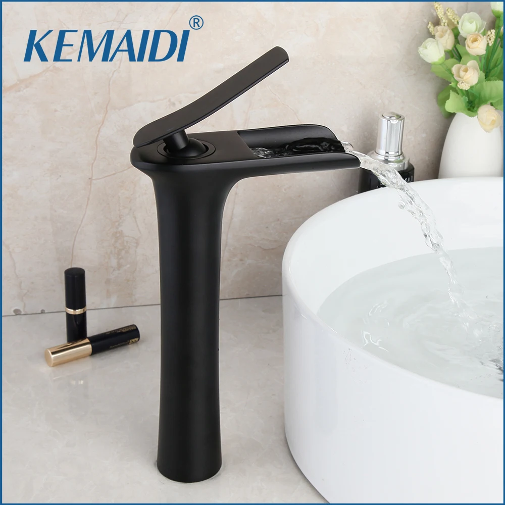 

KEMAIDI Matte Black Bathroom Basin Faucet Deck Mounted Basin Vessel Sink Faucets Waterfall Mixer Single Lever Tap Hot Cold Water