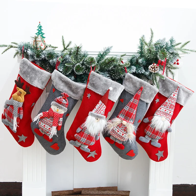 

Santa Claus Snowman Elk Big Christmas Stocking Xmas Gift Bag Fireplace Decoration Socks New Year Candy Holder Christmas Decor
