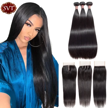 

SVT Hair Malaysian Straight Hair Bundles With Closure 4x4 Lace Closure With Bundles Non-Remy Human Hair 3 Bundle With Closure