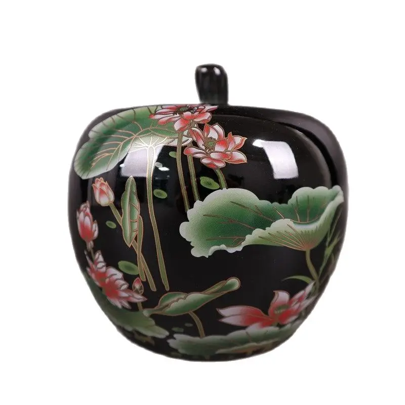 

China Jingdezhen Porcelain Ebony Glazed Lotus Pattern Apple Jar