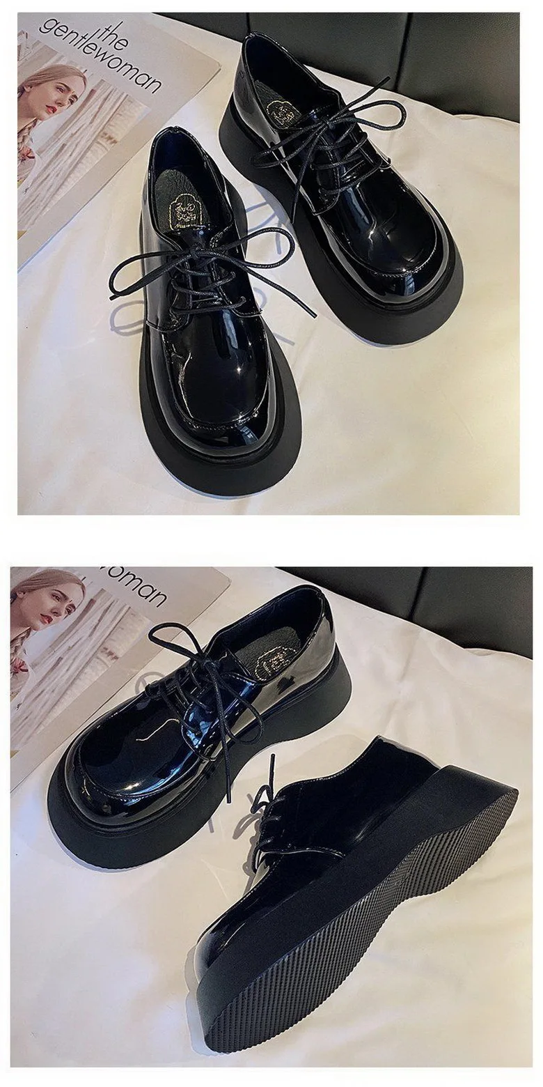 Platforms Shoes Women Bottom Heels Woman Autumn Shoes Round Big toe Shoe British Style Girls Faves Footwear Slip On Black