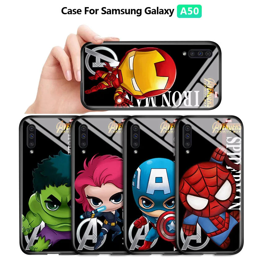 For Samsung Glaxy A10S A20S A30S A40S A50S A70S Cartoon Marvel Ironman Spiderman Casing Cover Glossy Tempered Glass Case | Мобильные