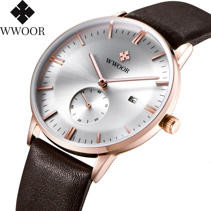 Часы WWOOR Мужские кварцевые в деловом стиле с кожаным ремешком|Кварцевые часы| |