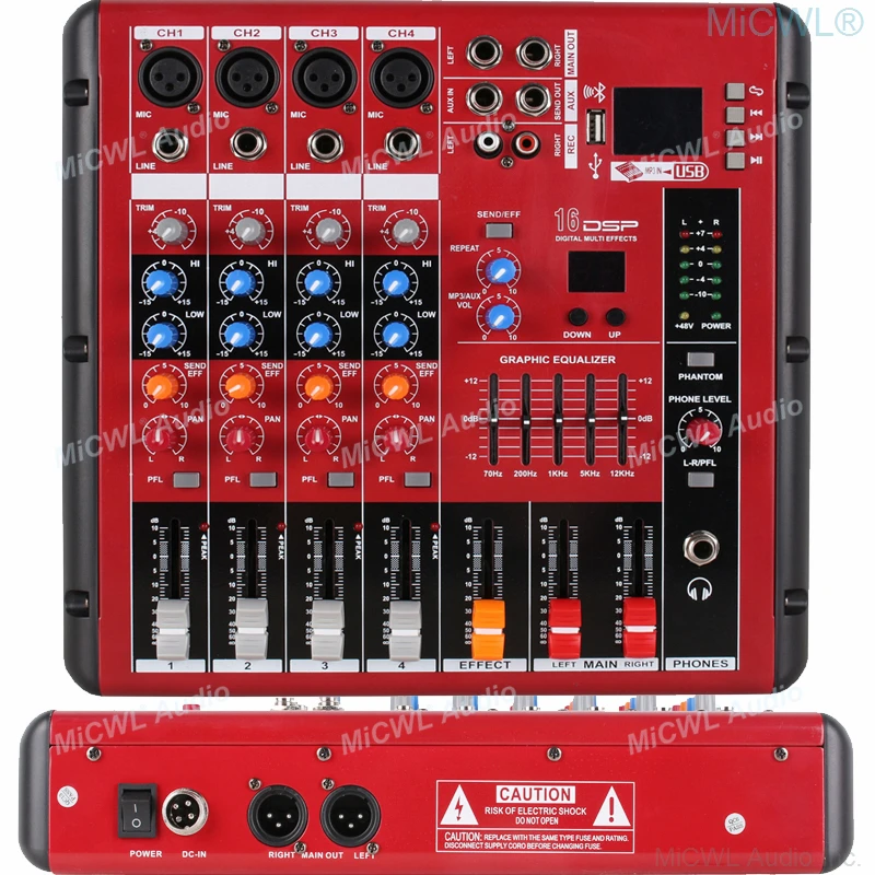 Pro Red 4 Channel Bluetooth Audio Mixer 4-Input 2-Bus XLR 3Pin DJ Live Sound Mixing Console with USB MP3 EQ 48V Phantom Power
Pro Red 4 Channel Bluetooth Audio Mixer 4-Input 2-Bus XLR 3Pin DJ Live Sound Mixing Console with USB MP3 EQ 48V Phantom Power