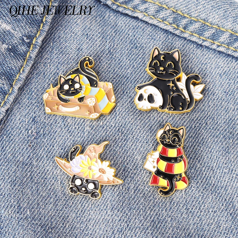 

Magic Cat Enamel Pins Halloween Witch Hat Kitten Moon Cat Skeleton Brooches Magical Metal Badges Stylish Witches Jewelry