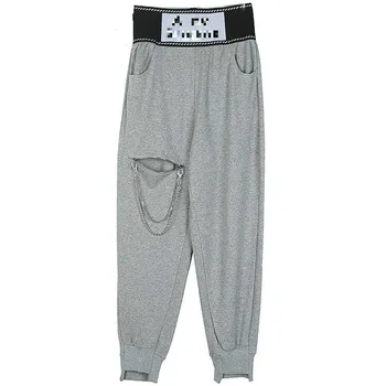 Women Pant Hole Patchwork High Waist Sweatpants Cotton Chain Black Gray Trousers Women Casual High Waist Pants 2020 V158
Women Pant Hole Patchwork High Waist Sweatpants Cotton Chain Black Gray Trousers Women Casual High Waist Pants 2020 V158